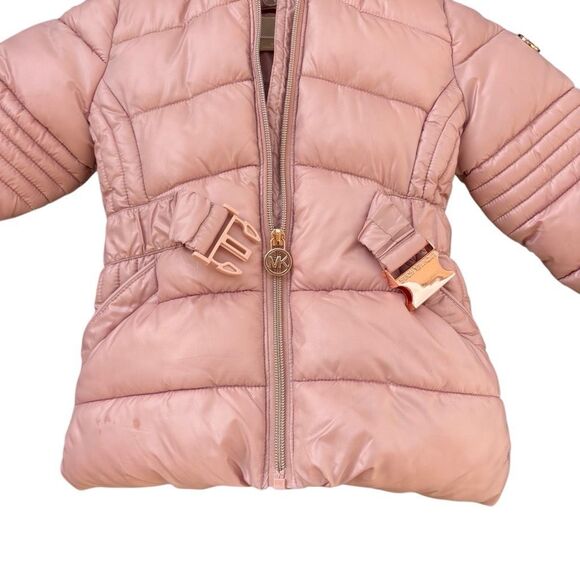 MICHAEL MICHAEL KORS Pink Little Girl’s Belted Hooded Puffer Coat Size 3T Fur - Picture 2 of 10
